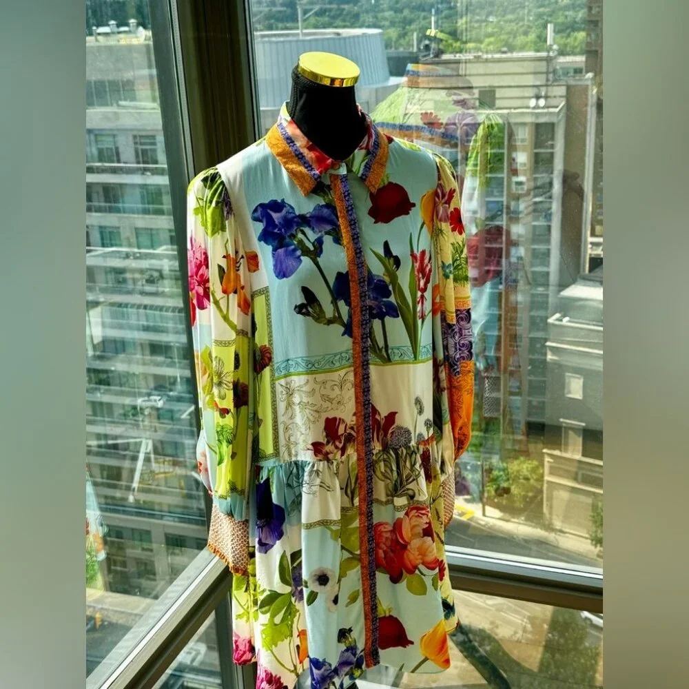 🆕 ALICE + OLIVIA 🧿 NWOT Bertha Floral Blouson Puff Sleeve Shirt Dress - Sz L_11